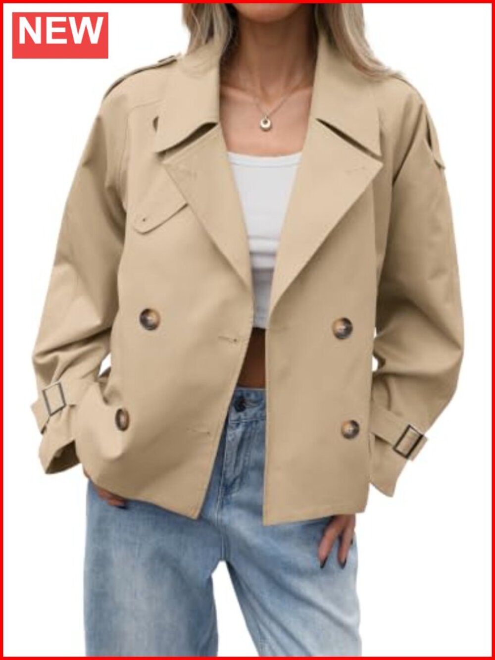 Womens Cropped Trench Coat Double Breasted Relaxed Fit Fall Jacket